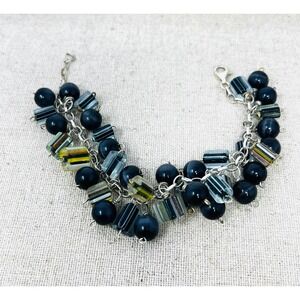 Sterling Silver Chunky Black Cats Eye and Striped Glass Bead Charm Bracelet